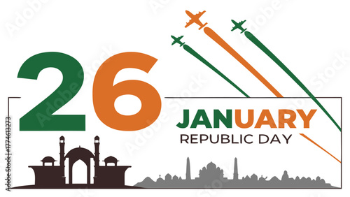 A vibrant illustration for indias republic day on january 26th, featuring iconic landmarks, fighter jets leaving tricolor smoke trails