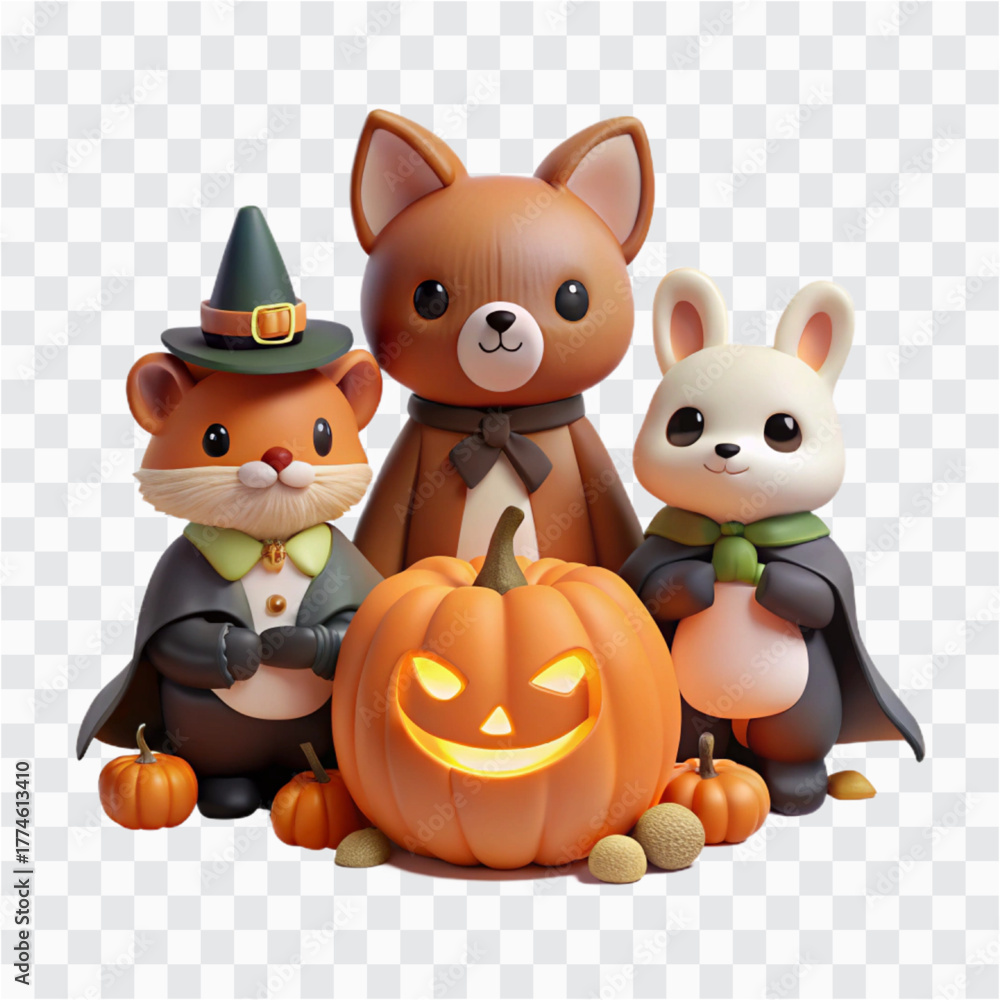 Fototapeta premium 3D Cute Cotton Doll Animals | Halloween Plush Collection with Spooky Costumes