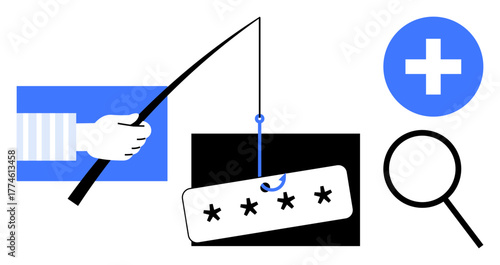 Hand fishing for a password, representing online phishing threats. Magnifying glass and plus sign for analysis and security concepts. Ideal for cybersecurity, phishing, password safety, fraud