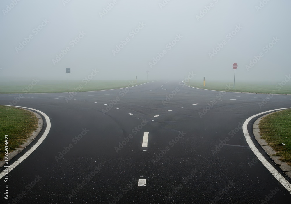 Fototapeta premium Ominous fog covers a complex asphalt intersection, forcing a critical choice between unknown pathways and emphasizing potential hazards, decision, fog, abstract