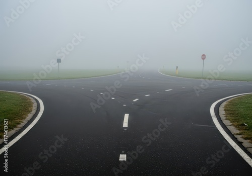 Ominous fog covers a complex asphalt intersection, forcing a critical choice between unknown pathways and emphasizing potential hazards, decision, fog, abstract