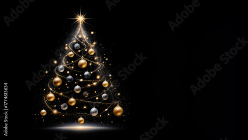 Eleganter spiralförmiger Weihnachtsbaum in Gold mit leuchtenden Sternen vor schwarzem Hintergrund
