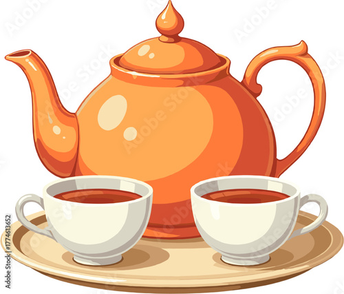 Warm ceramic teapot with two teacups filled with steaming tea, symbolizing comfort, relaxation, and the soothing ritual of herbal and traditional tea brewing