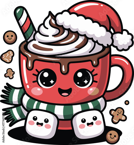 Cute Kawaii Christmas Hot Chocolate Mug Vector with Santa Hat, Marshmallows, and Candy Cane