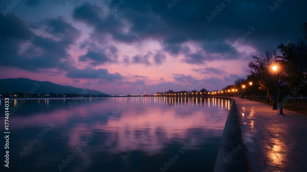 Obraz premium Twilight scene over a calm lake with reflections and illuminated streetlights along the shore