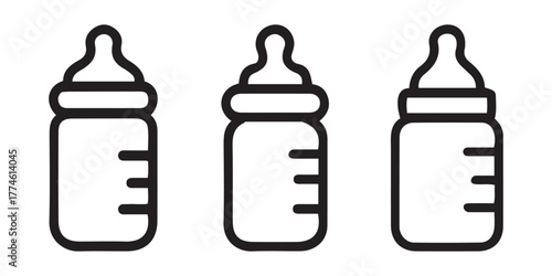Baby Bottle Line Icons. Black and White Infant Feeding Illustrations for Parenting and Design Use.