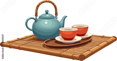 Teapot with tea cups on wooden tray, cozy tea time illustration with warm drink and minimal composition perfect for home and cafe design