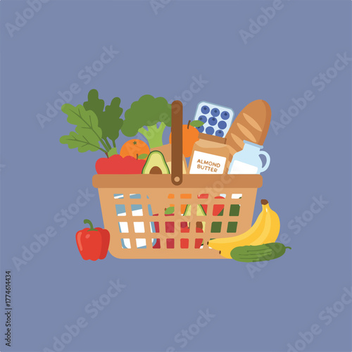 A basket is filled with a colorful array of groceries, including vegetables, fruits, almond butter, milk, and bread, with a red bell pepper to the side.