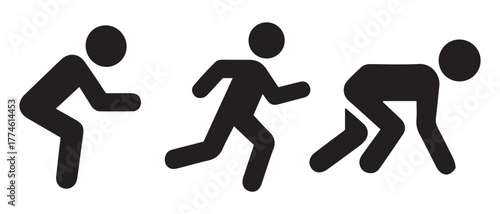 Athlete Movement Icons. Squat, Run, and Crawl Silhouettes Vector Set.