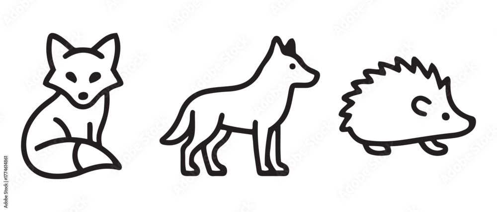 Obraz premium Minimalist Line Art of Fox, Dog, and Hedgehog – Cute Animal Icons for Educational and Design Use.