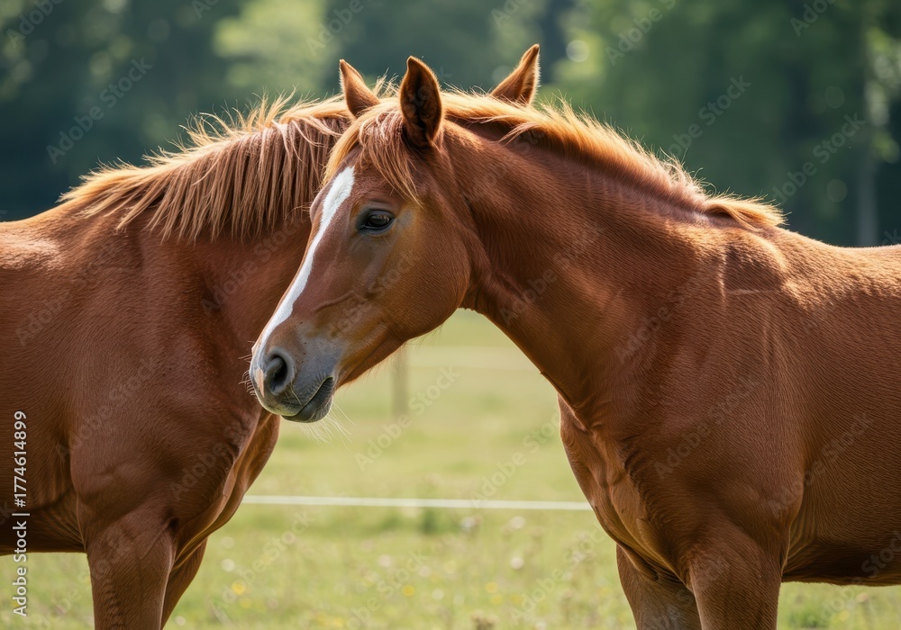 Obraz premium A beautiful young horse showing the classic soft coloring known as foal brown, standing peacefully in a sunny field ,young ,mammal ,equine