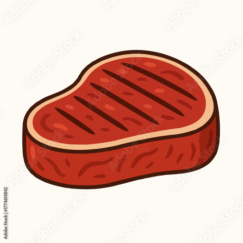 A cartoon illustration of a thick, juicy grilled steak with sear marks on a plain background.