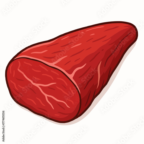 A raw cut of red meat, likely beef, with visible marbling and a smooth, textured surface.
