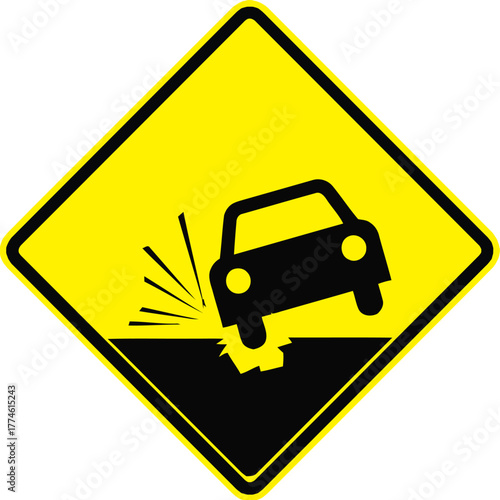 Caution Uneven Road Surface Traffic Sign, Car Hitting Pothole Road Warning Sign
