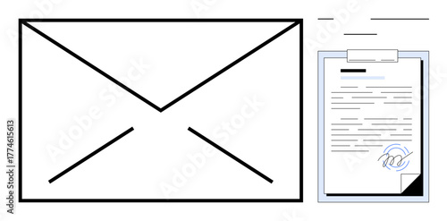 Envelope next to a signed document, illustrating modern communication, contract signing, and secure document exchange. Ideal for legal, business, digital solutions, e-signature, and secure messaging