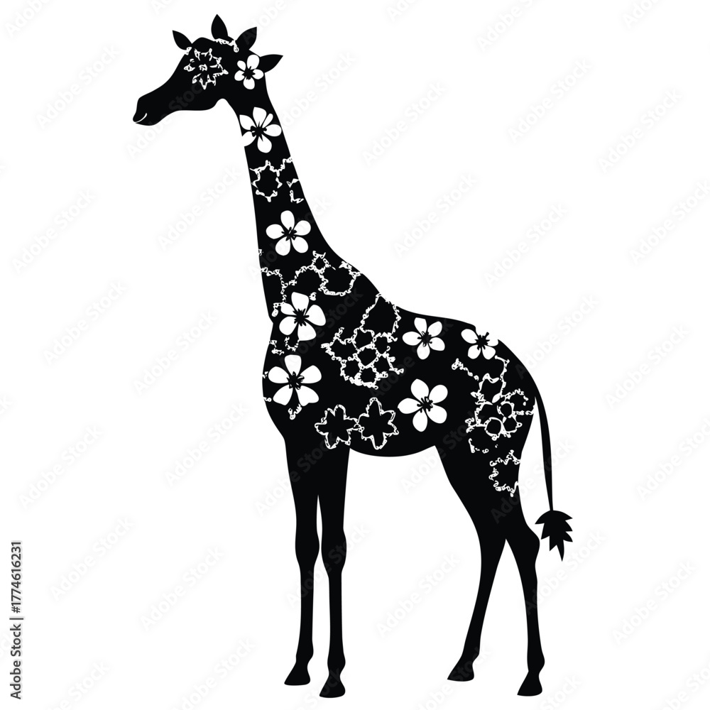 Fototapeta premium Giraffe silhouette with floral pattern, a whimsical design
