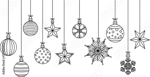 Hanging christmas ornaments and stars festive holiday design