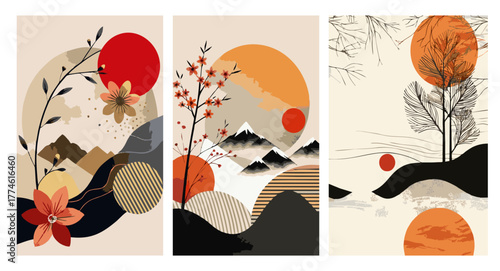 Minimalist Japanese landscape art. Abstract mountain and sun illustration in warm earthy tones. Modern wall decor, nature poster, Asian aesthetic background.