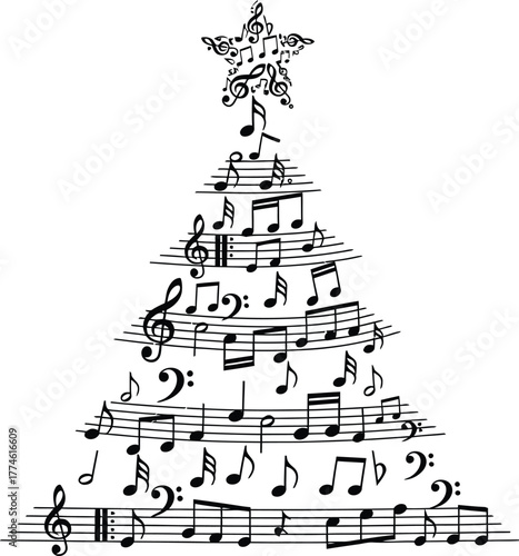 Musical christmas tree made of notes and a star on top