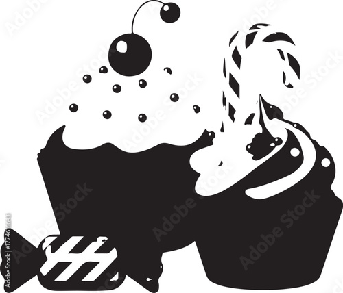 Delicious vector cupcakes and candy treats with cherry and candy cane toppings dessert illustration for sweet designs and menus