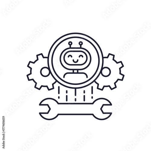 AI support icon, artificial intelligence and technology line design with robot and wrench