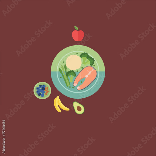 A plate with salmon, cauliflower, broccoli, and asparagus, with blueberries, bananas, and an avocado on the side, and an apple floating above.