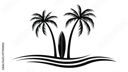 Palm tree and surfboard on the beach, summer vacation scene