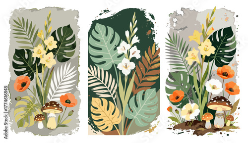 Botanical vector illustration with wildflowers, tropical leaves, and mushrooms in vintage earthy tones. Perfect for wall art, posters, packaging, and nature-themed design.
