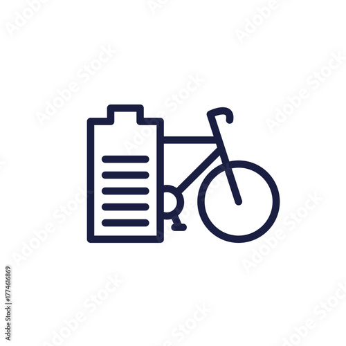 Electric bike icon, charging ebike line design with bicycle and battery
