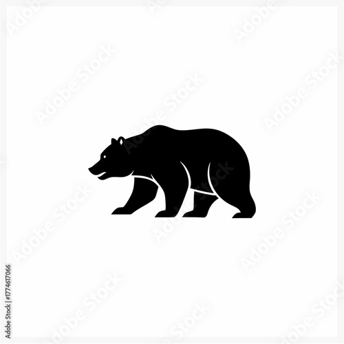 Bold black bear silhouette walking, a powerful grizzly logo icon. Simple vector illustration of a wild animal mascot for branding