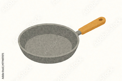 An empty gray metal frying pan with a light brown wooden handle isolated on a plain white background.