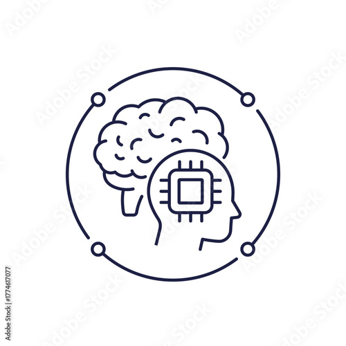 microchip in brain, neural implant icon in line design