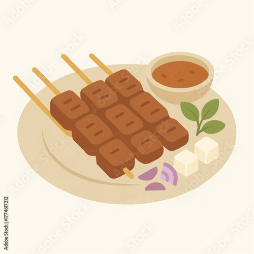 A plate of delicious grilled meat skewers served with peanut sauce and fresh garnishes.