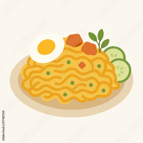 A delicious plate of Indonesian fried noodles, known as Mie Goreng, served with a boiled egg, cucumber slices, and a sprig of greenery.