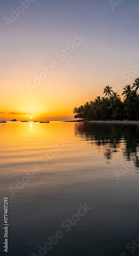 Serene Tropical Sunset Over Calm Ocean with Palm Trees Silhouetted.