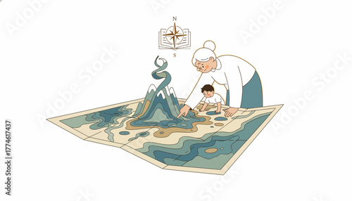 Intergenerational Guidance: Woman and Child Study Topographic Map for Exploration and Learning.