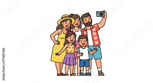 A happy cartoon family with two children taking a selfie with a smartphone. Vector illustration of parents and kids on vacation