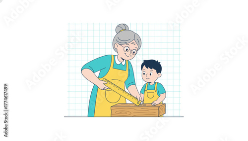 Grandparent and grandson learning carpentry, measuring wood with a ruler in a fun intergenerational learning illustration.