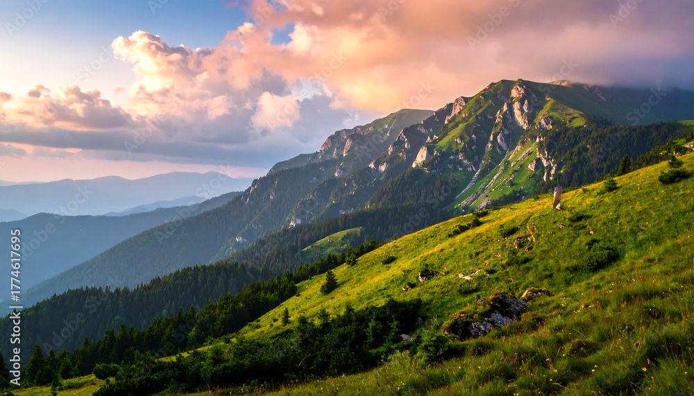 Naklejka premium Lush, green, grassy mountains roll beneath a vibrant, orange and purple cloudy sky, creating a peaceful landscape
