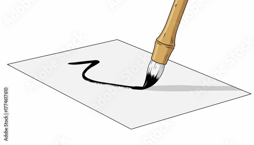 Traditional Bamboo Calligraphy Brush Drawing a Sweeping Black Ink Stroke on Textured White Paper, Isolated Illustration