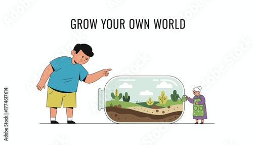 Intergenerational Gardening Project: Young Man and Grandmother Nurturing a Miniature Terrarium Ecosystem