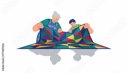 Generational Bonding: Grandmother and Child Displaying a Vibrant, Handmade Geometric Quilt on a White Background