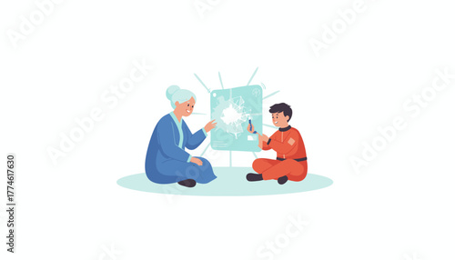 Generational Collaboration: Senior Woman and Young Man Interact with Holographic Data for Future Technology and Learning