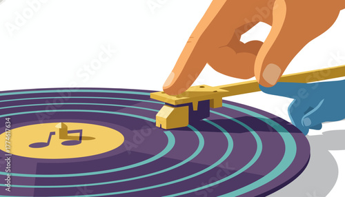 Hand Lowering Stylus onto Vinyl Record Turntable. Retro Music Illustration of DJ Playing Analog LP