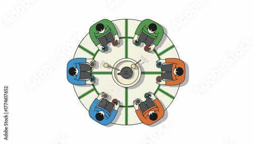 Team Collaboration and Time Management Concept. Overhead view of business people meeting around a clock table for strategic planning.