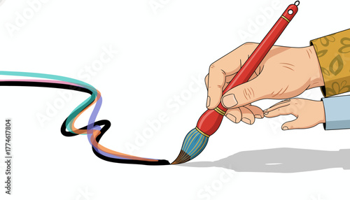 Vector illustration of a hand holding a paintbrush, creating dynamic, colorful strokes, symbolizing creativity, design, and artistic expression on a white background.