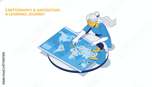Isometric Illustration of Cartography and Navigation: Grandmother and Child Studying a Global Route Map