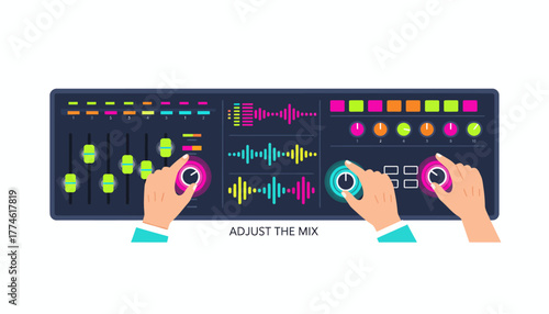 Hands Adjusting the Mix on a Vibrant Digital Audio Mixer Console with Neon Equalizer and Sound Waveforms