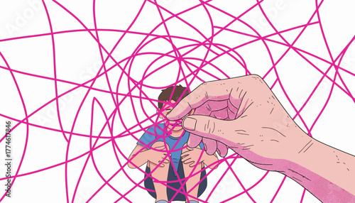 Childhood Anxiety and Entanglement: Hand Manipulating Confused Boy Trapped in Complex Web of Lines