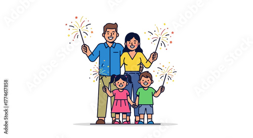 Happy cartoon family with two children celebrating a holiday together holding burning sparklers, a modern flat line vector illustration